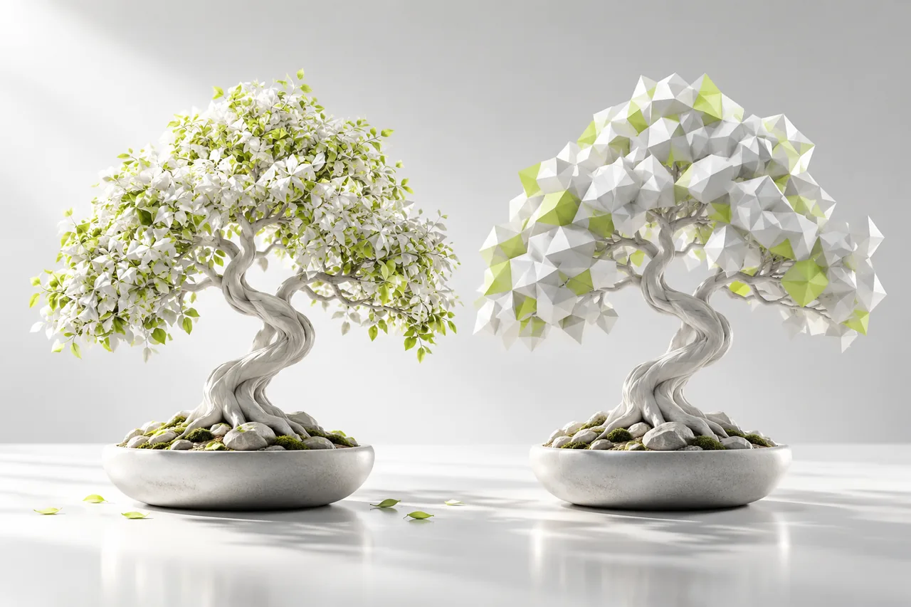 Szczegółowy i uproszczony model drzewka bonsai
