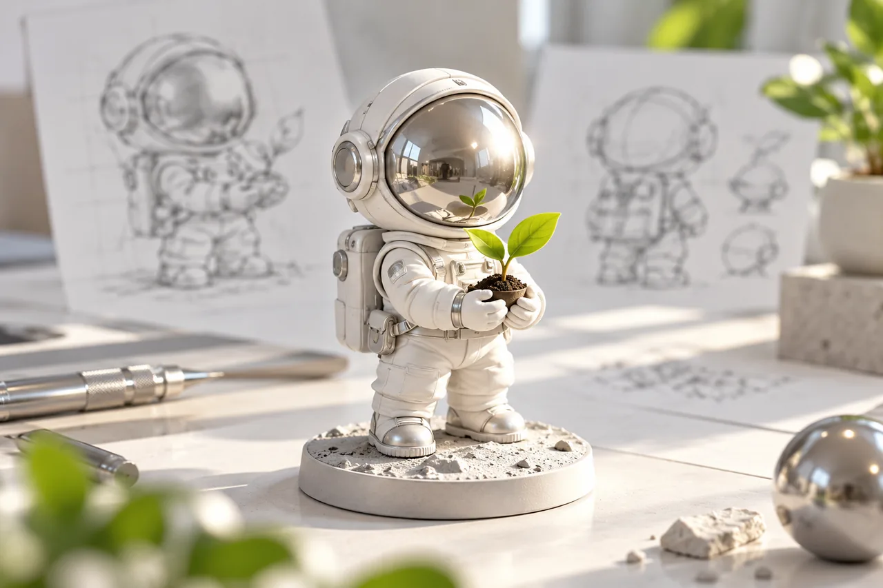 Figurka astronauty z sadzonką i szkice sylwetki