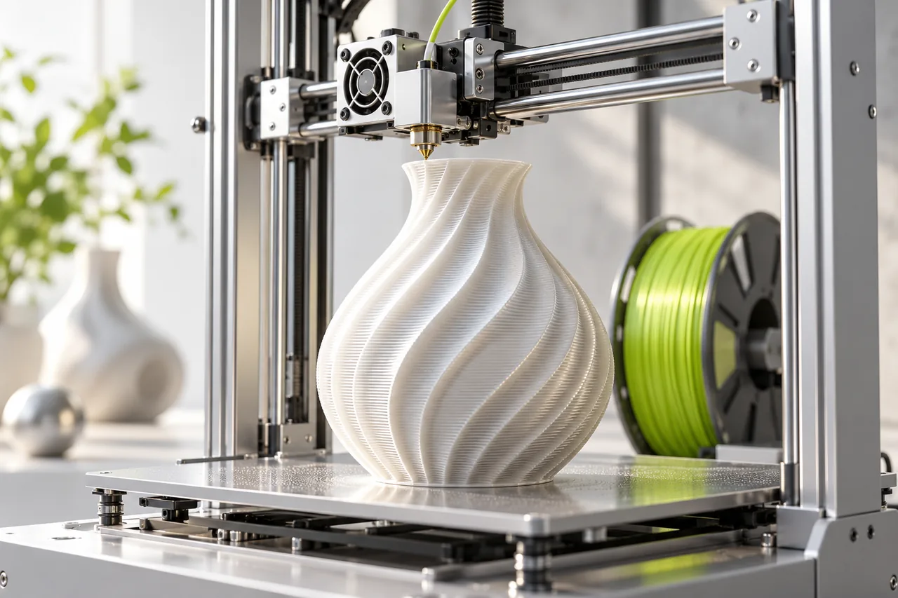 A 3D printer building a white vase layer by layer