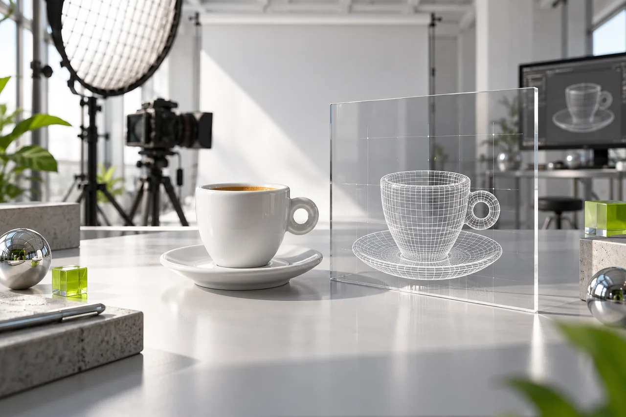 Aparat, ceramiczna filiżanka i jej przestrzenny model