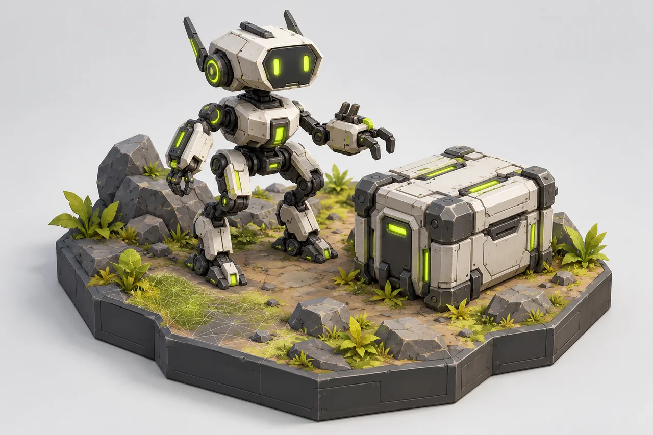 Stylized game robot and props on a small environment diorama