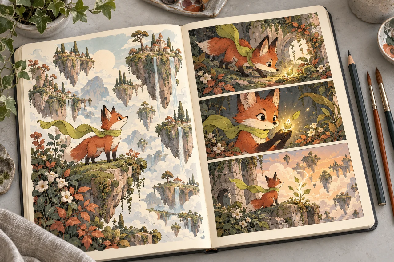 Sketchbook with an original fox illustration and comic sequence